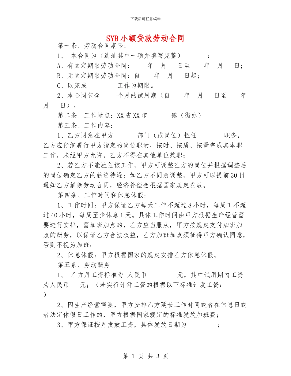 SYB小额贷款劳动合同_第1页