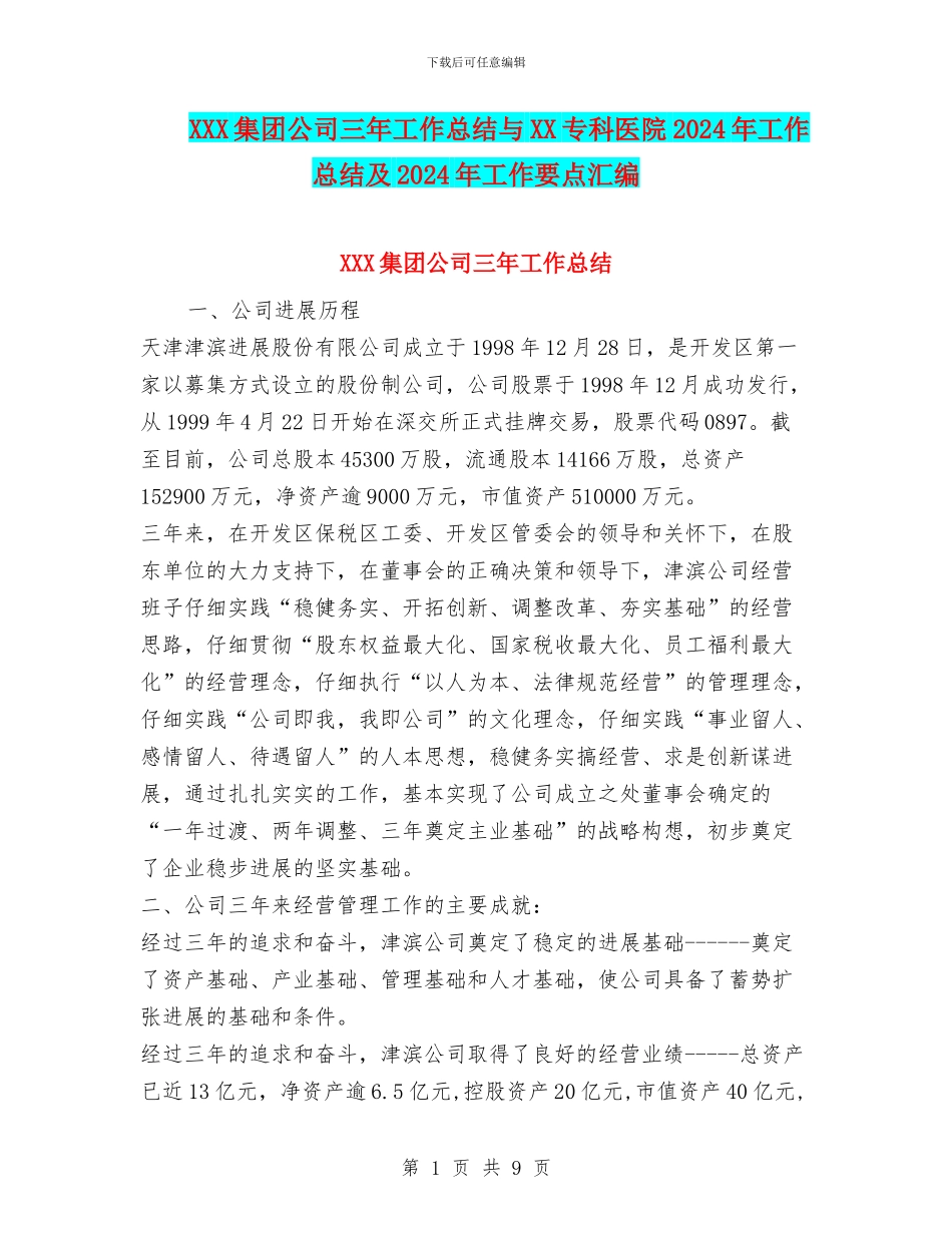 XXX集团公司三年工作总结与XX专科医院2024年工作总结及2024年工作要点汇编_第1页