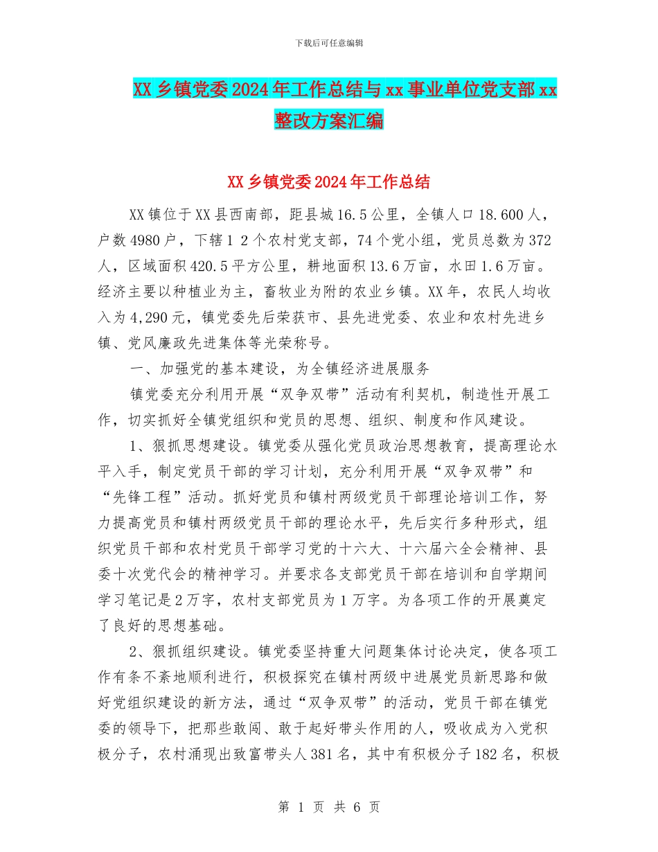 XX乡镇党委2024年工作总结与xx事业单位党支部xx整改方案汇编_第1页