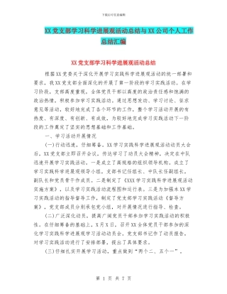 XX党支部学习科学发展观活动总结与XX公司个人工作总结汇编