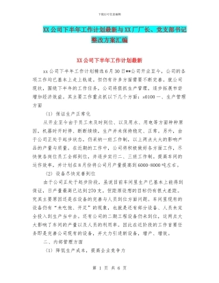 XX公司下半年工作计划最新与XX厂厂长、党支部书记整改方案汇编