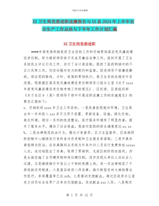 XX卫生局党委述职述廉报告与XX县2024年上半年安全生产工作总结与下半年工作计划汇编