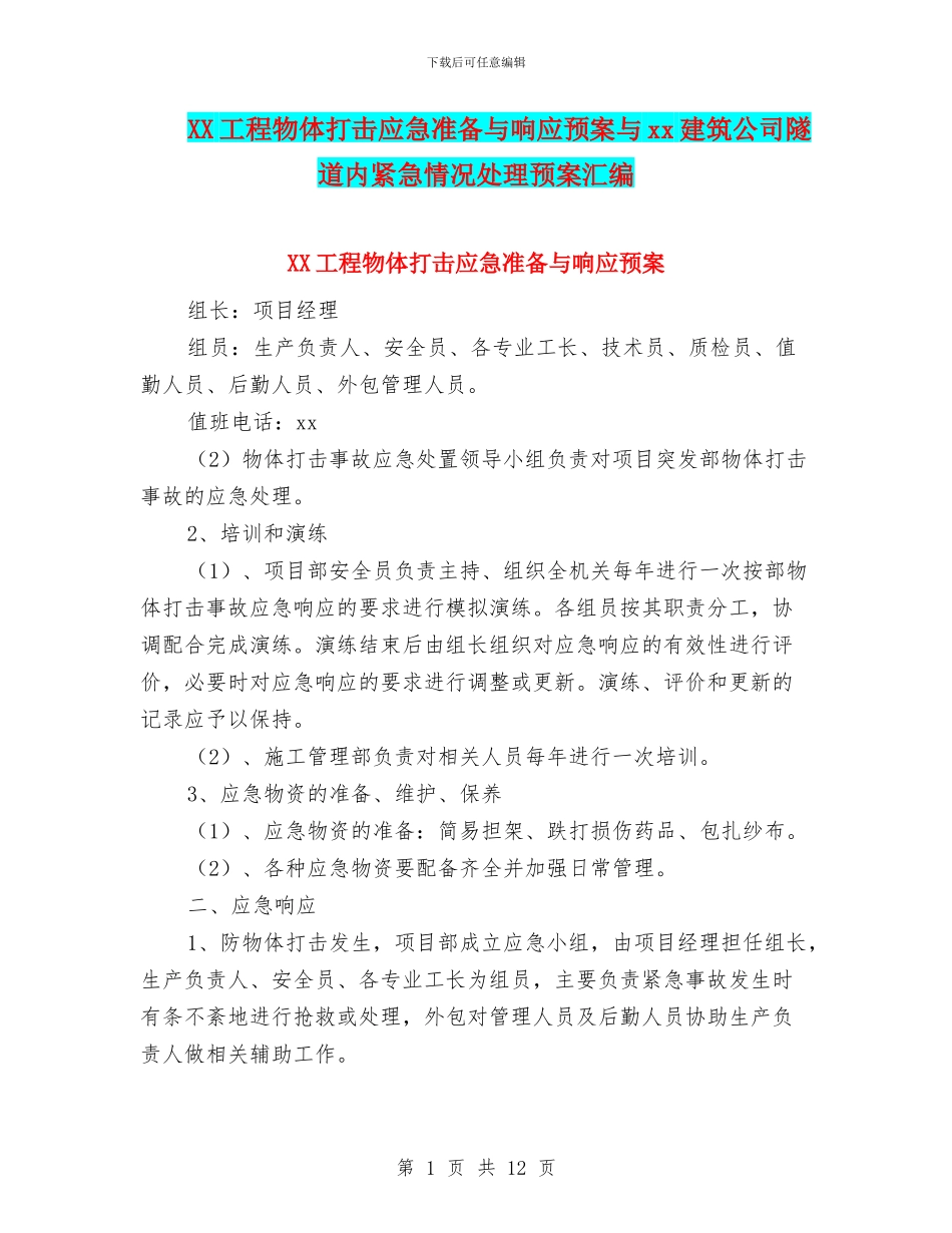 XX工程物体打击应急准备与响应预案与xx建筑公司隧道内紧急情况处理预案汇编_第1页