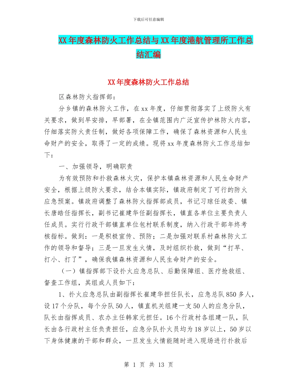 XX年度森林防火工作总结与XX年度港航管理所工作总结汇编_第1页
