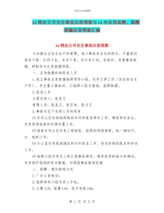 xx棉业公司安全事故应急预案与xx电业局盐酸、硫酸泄漏应急预案汇编
