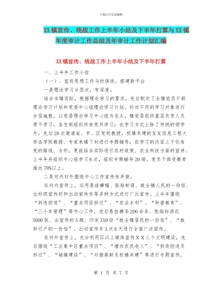 XX镇宣传、统战工作上半年小结及下半年打算与XX镇年度审计工作总结及年审计工作计划汇编