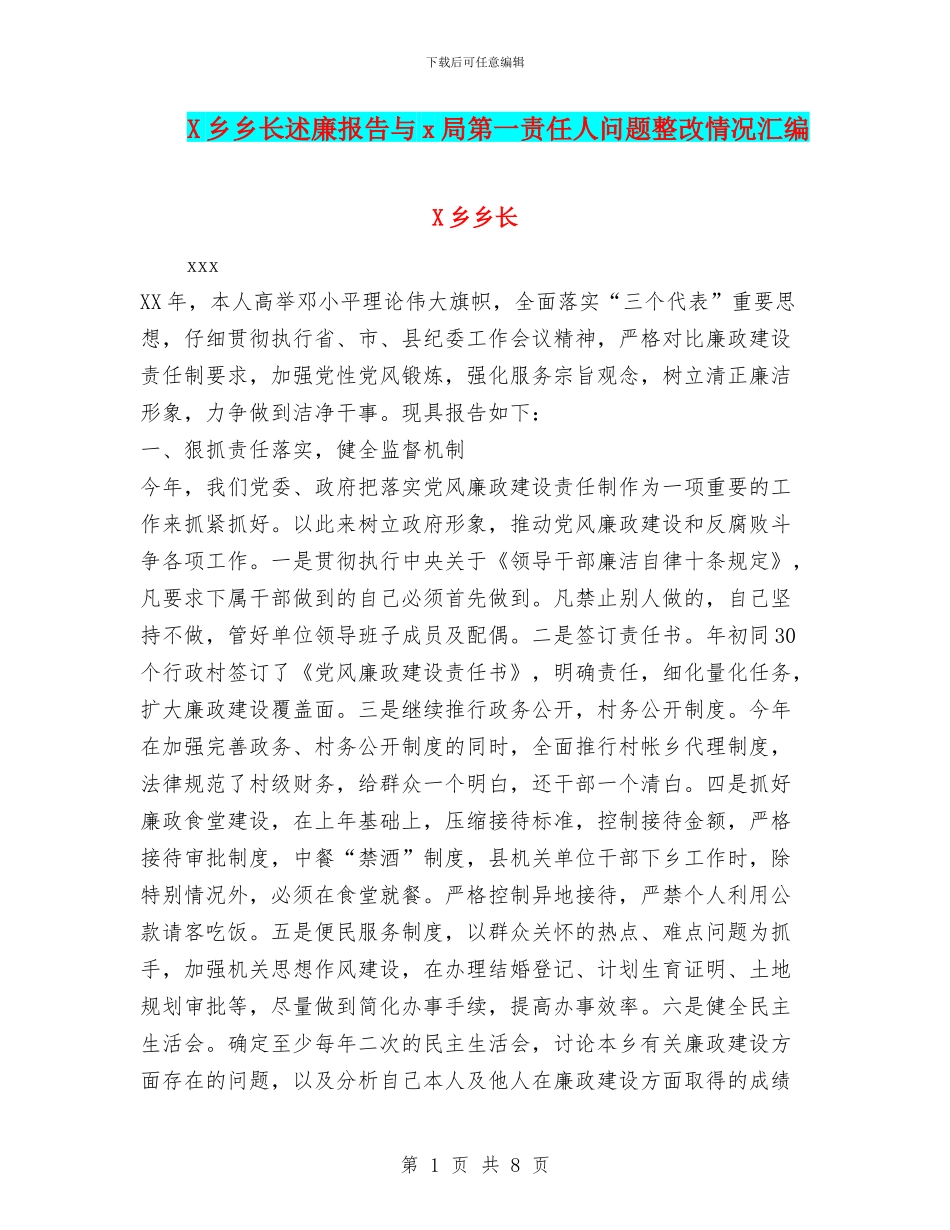 X乡乡长述廉报告与x局第一责任人问题整改情况汇编_第1页
