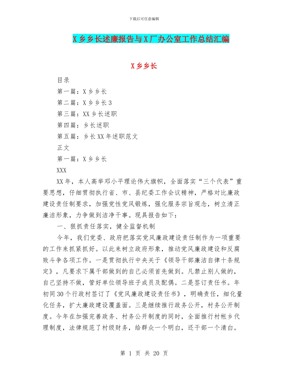 X乡乡长述廉报告与X厂办公室工作总结汇编_第1页