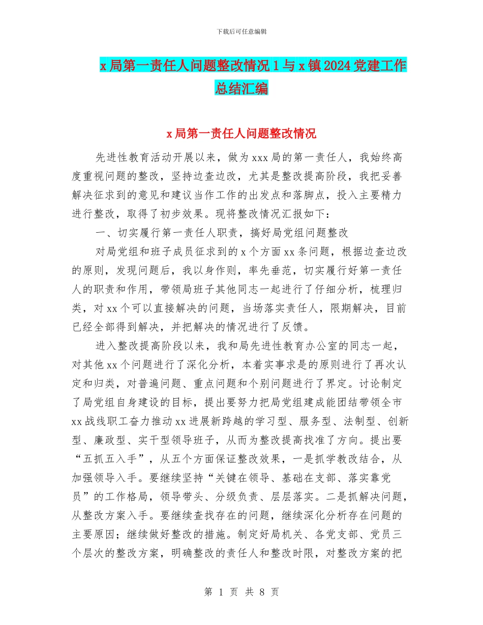 x局第一责任人问题整改情况1与x镇2024党建工作总结汇编_第1页