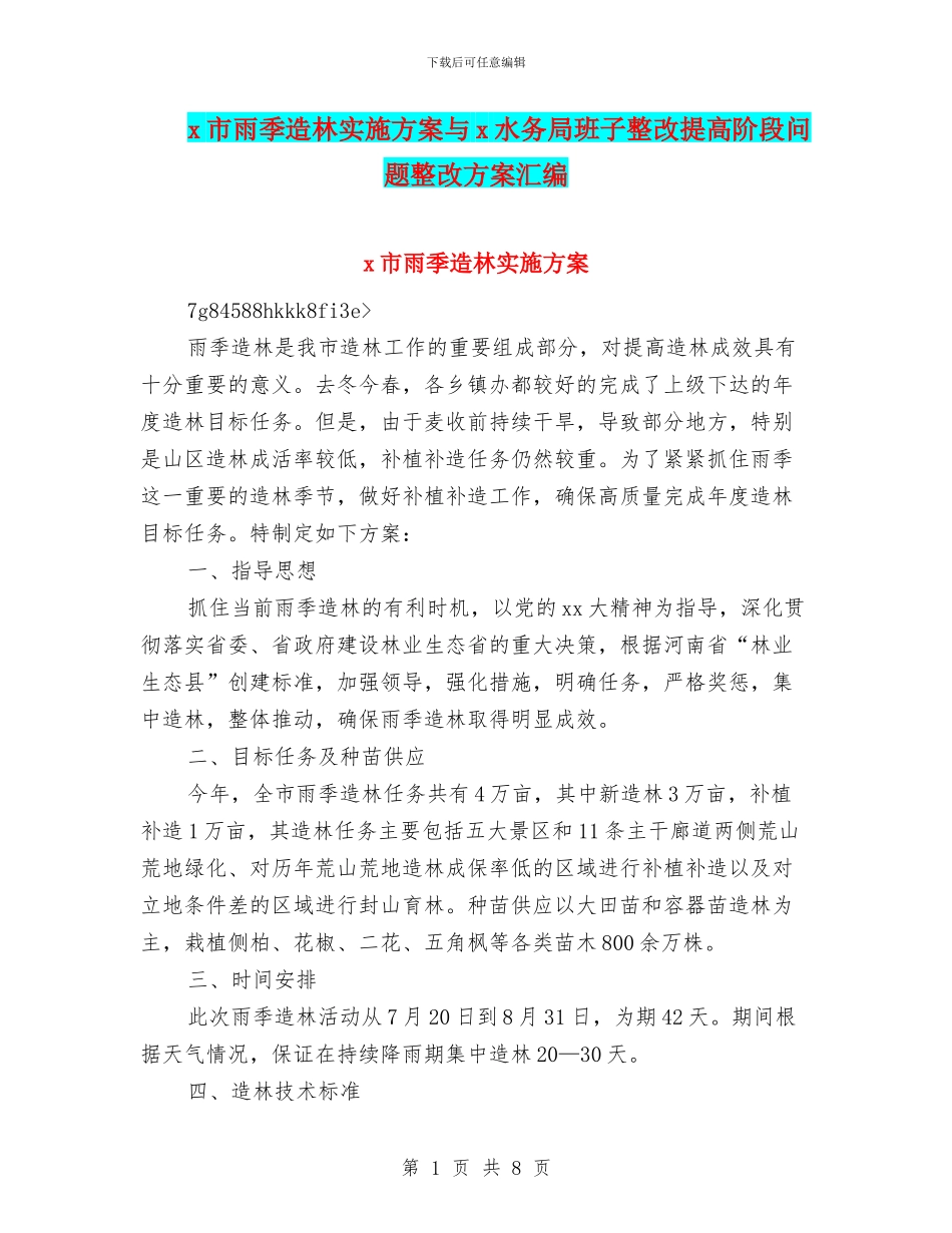 x市雨季造林实施方案与x水务局班子整改提高阶段问题整改方案汇编_第1页