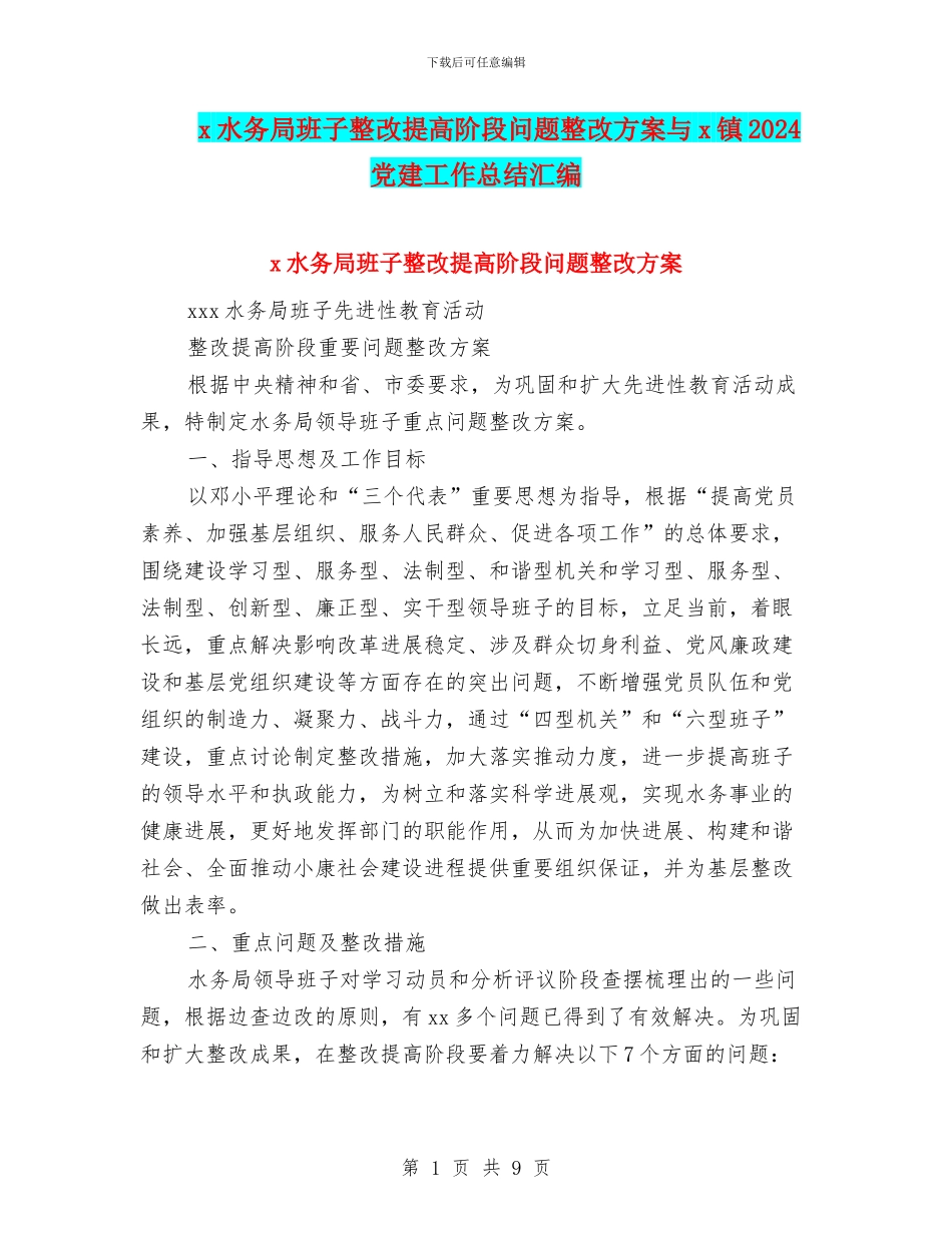 x水务局班子整改提高阶段问题整改方案与x镇2024党建工作总结汇编_第1页