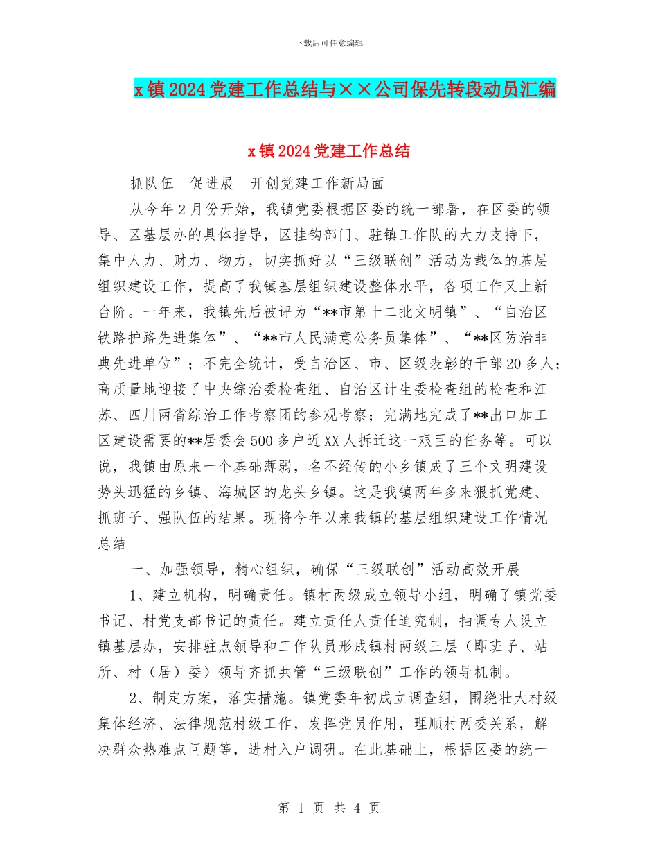 x镇2024党建工作总结与××公司保先转段动员汇编_第1页