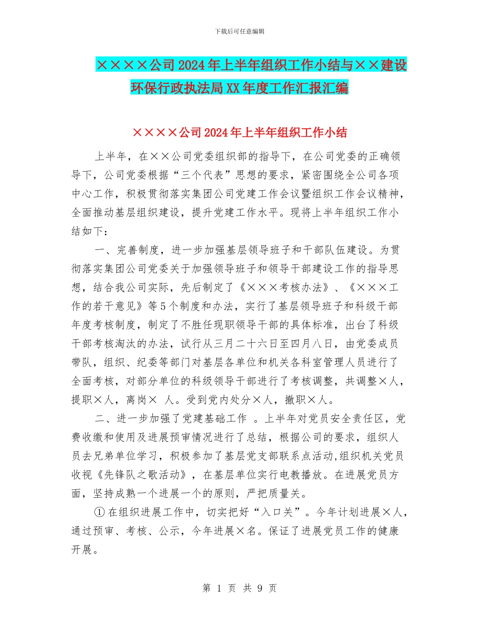 ××××公司2024年上半年组织工作小结与××建设环保行政执法局XX年度工作汇报汇编_第1页