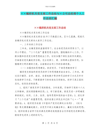 ××镇府机关党支部工作总结与×公司总经理个人工作总结汇编