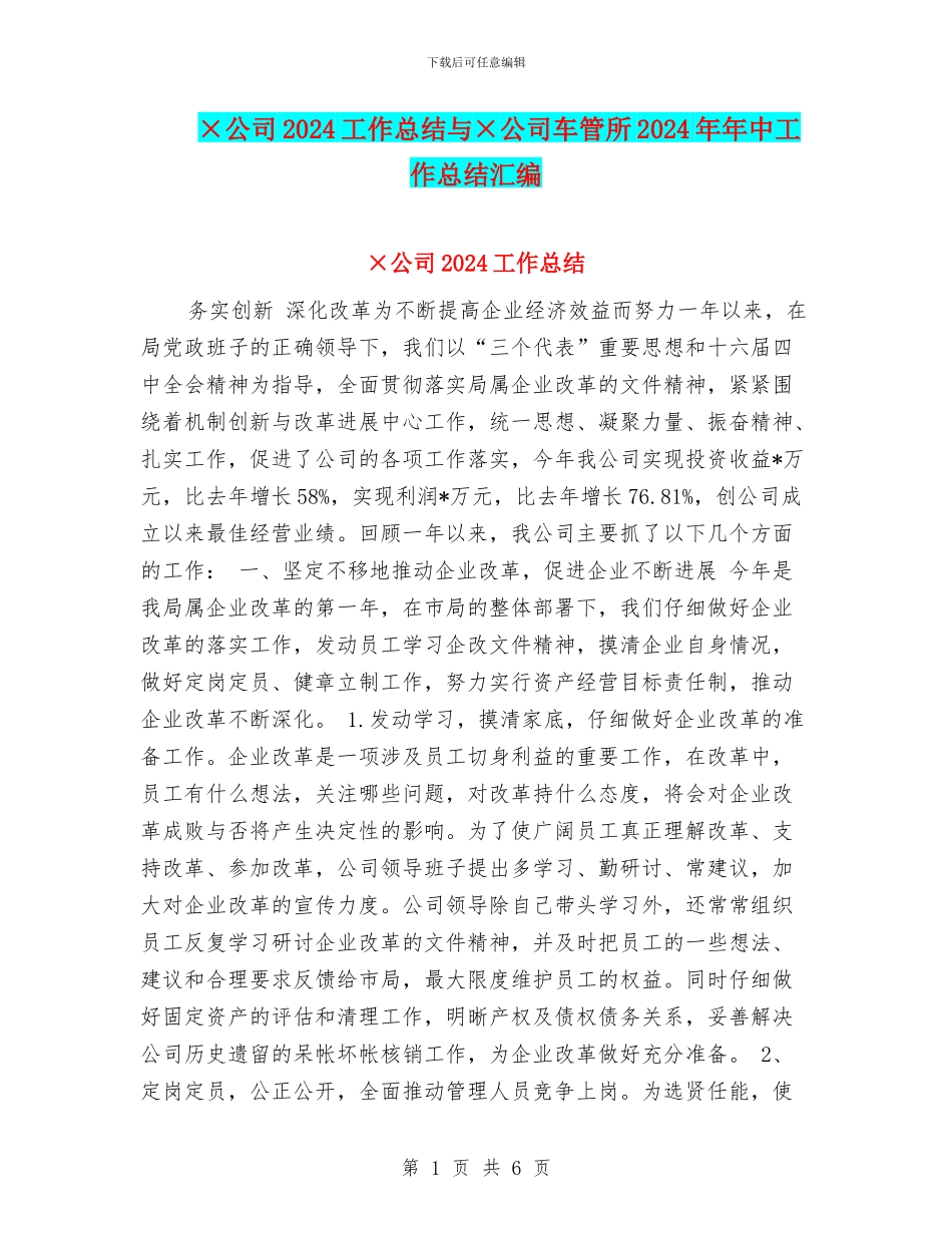 ×公司2024工作总结与×公司车管所2024年年中工作总结汇编_第1页