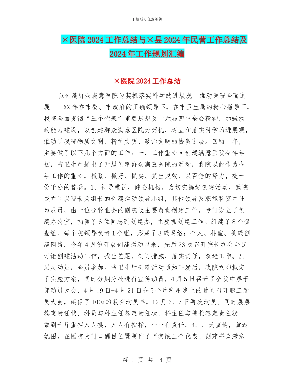 ×医院2024工作总结与×县2024年民营工作总结及2024年工作规划汇编_第1页