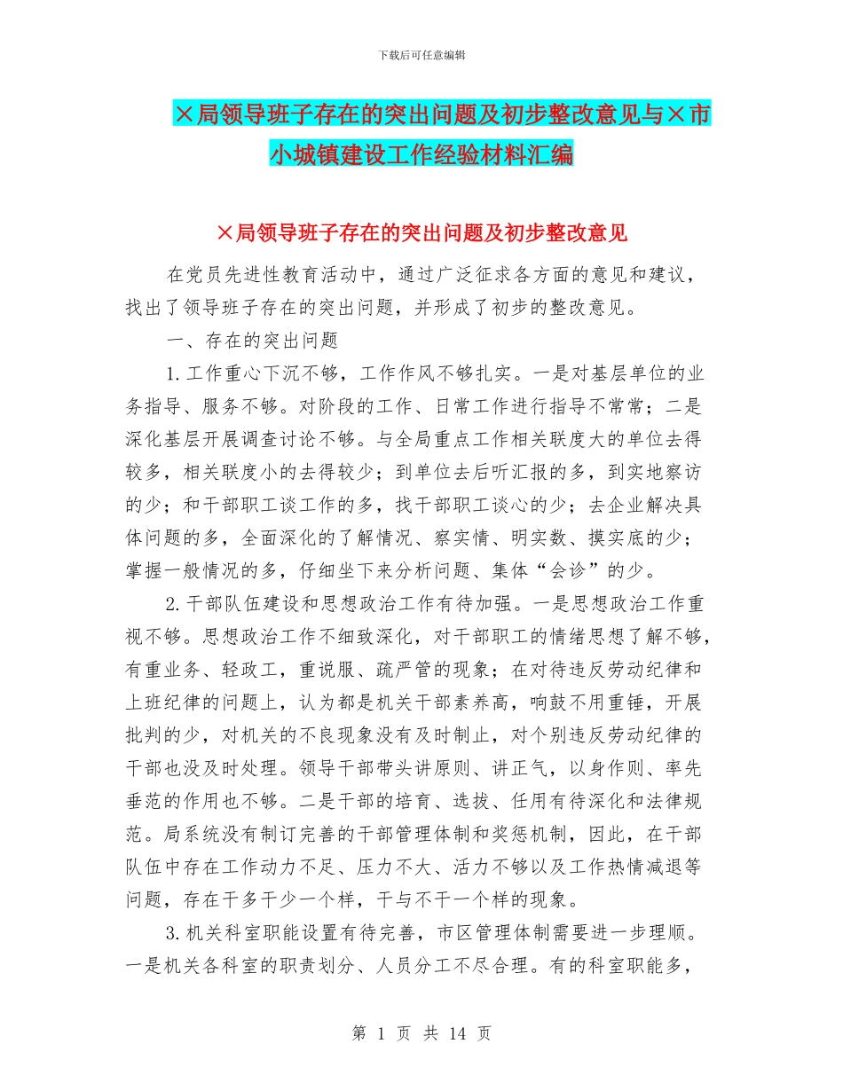 ×局领导班子存在的突出问题及初步整改意见与×市小城镇建设工作经验材料汇编_第1页