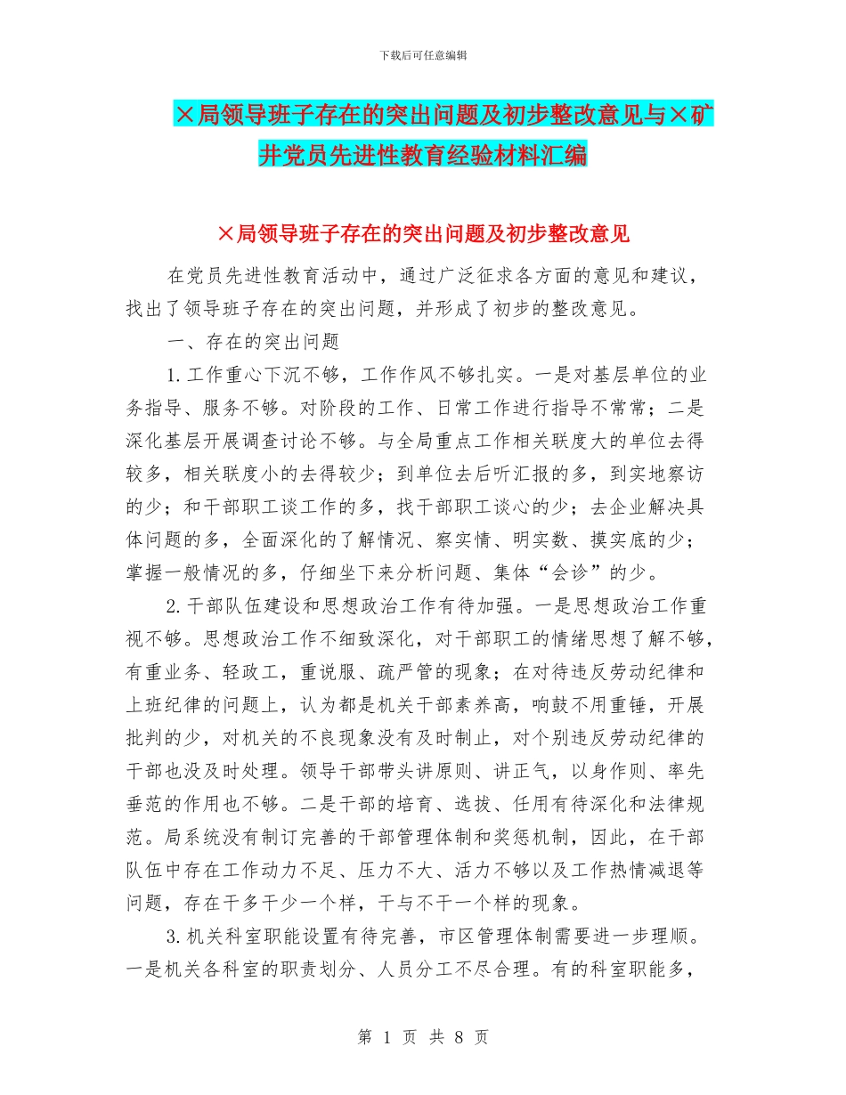 ×局领导班子存在的突出问题及初步整改意见与×矿井党员先进性教育经验材料汇编_第1页