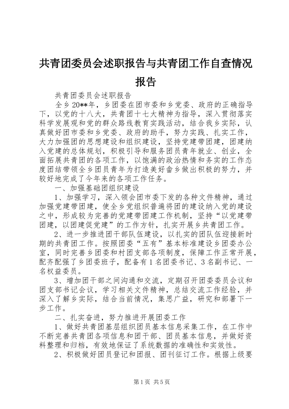 共青团委员会述职报告与共青团工作自查情况报告_第1页