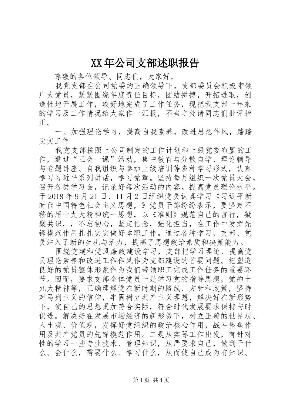 XX年公司支部述职报告_第1页