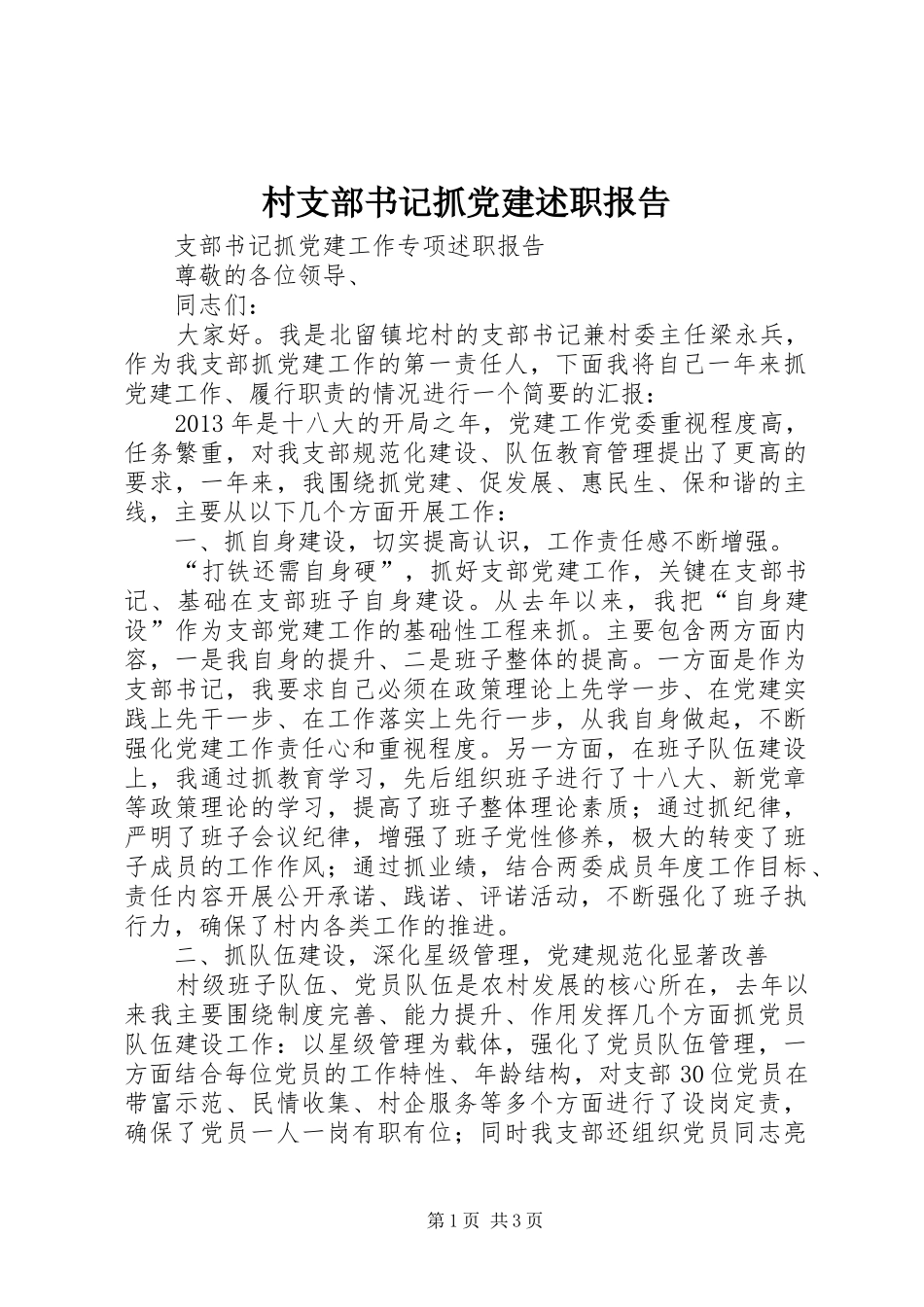 村支部书记抓党建述职报告_第1页