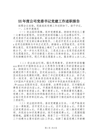 XX年度公司党委书记党建工作述职报告