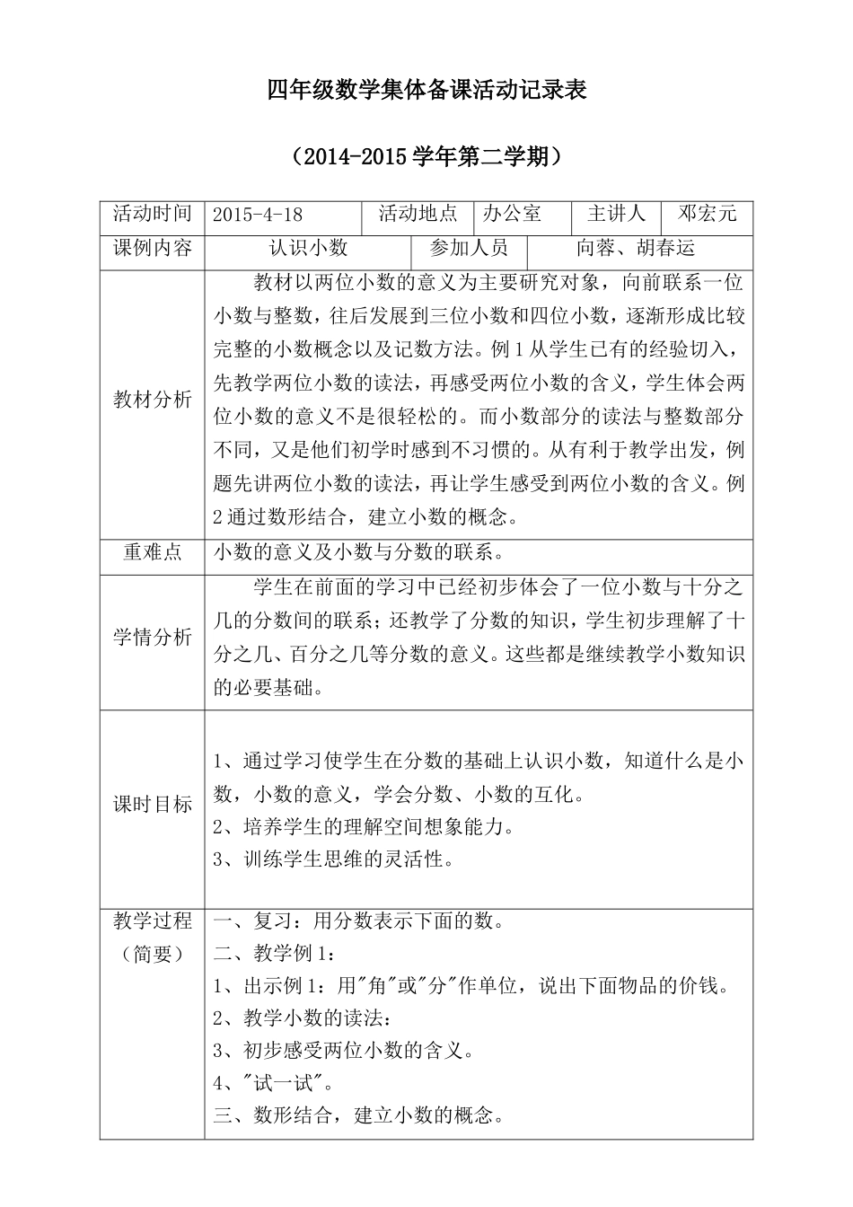 四年级数学集体备课活动记录表_第1页