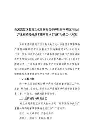 东湖高新区教育文化体育局关于开展春季预防和减少严重精神障碍患者肇事肇祸专项行动的工作方案