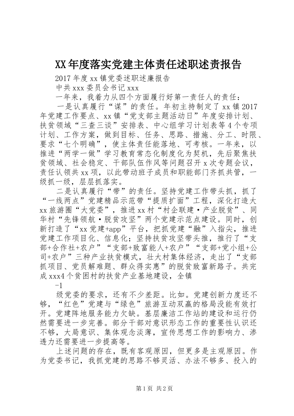 XX年度落实党建主体责任述职述责报告_第1页