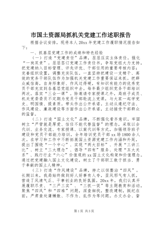 市国土资源局抓机关党建工作述职报告