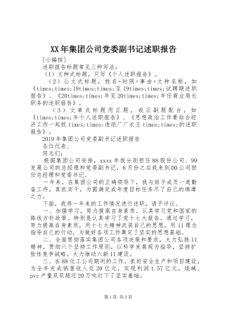 XX年集团公司党委副书记述职报告
