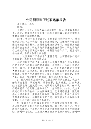 公司领导班子述职述廉报告