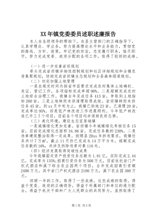 XX年镇党委委员述职述廉报告