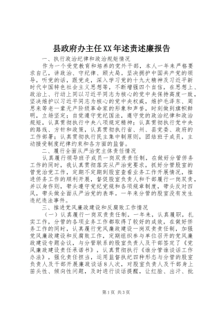 县政府办主任XX年述责述廉报告