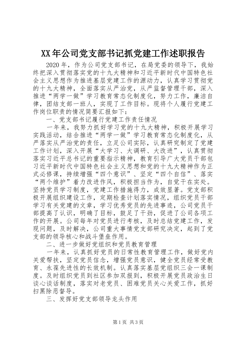 XX年公司党支部书记抓党建工作述职报告_第1页