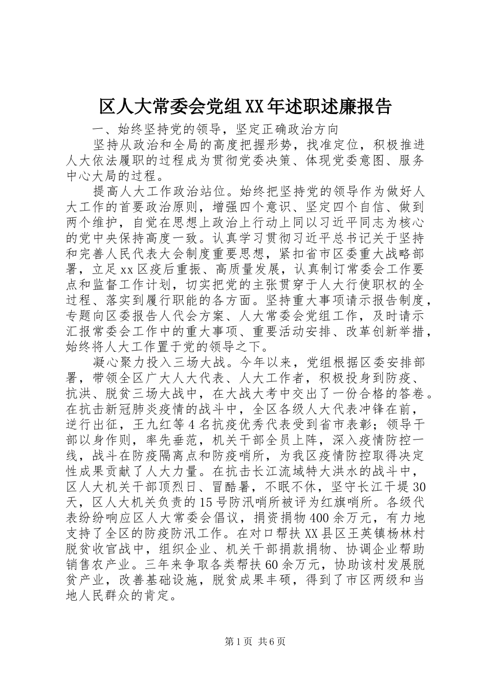 区人大常委会党组XX年述职述廉报告_第1页