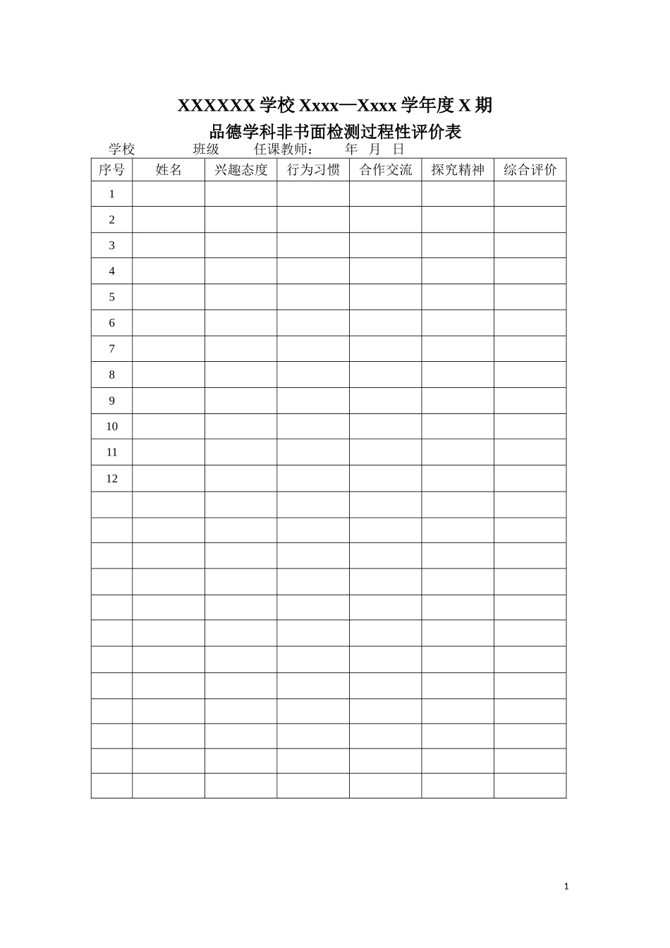 六年级品社非书面评价表及质量分析_第1页