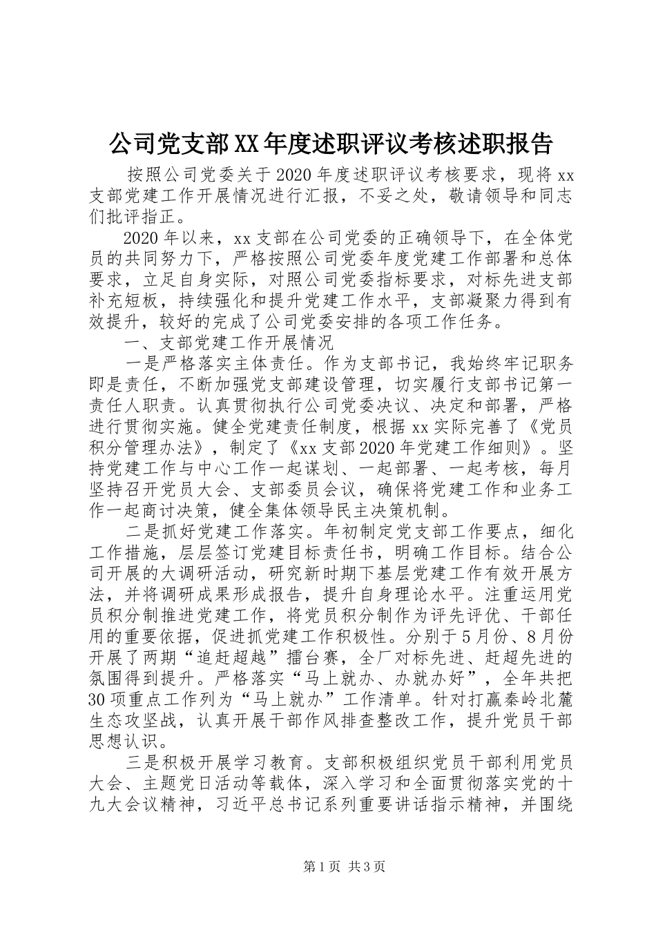 公司党支部XX年度述职评议考核述职报告_第1页