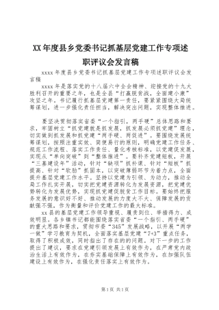 XX年度县乡党委书记抓基层党建工作专项述职评议会发言稿