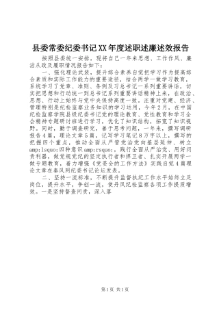 县委常委纪委书记XX年度述职述廉述效报告