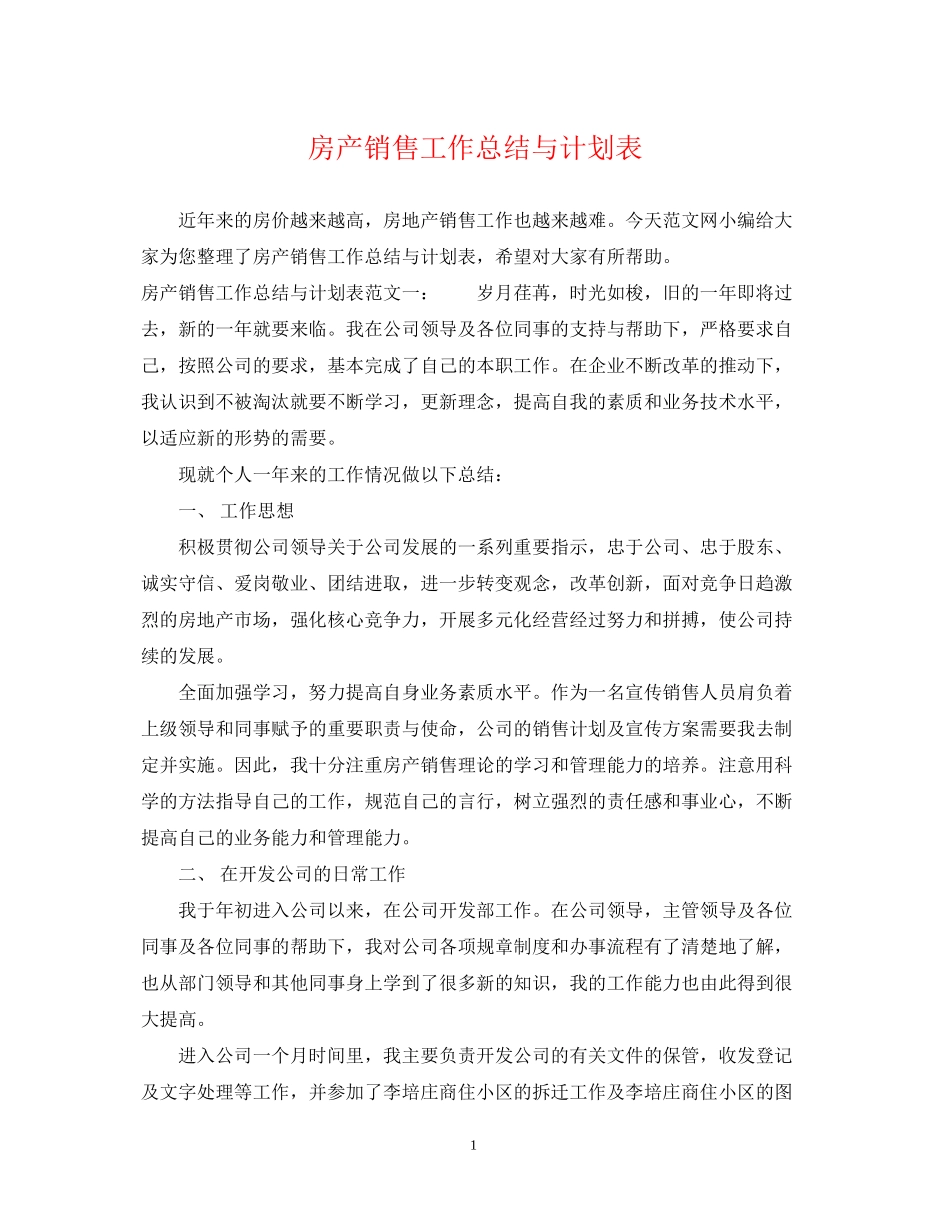房产销售工作总结与计划表_第1页