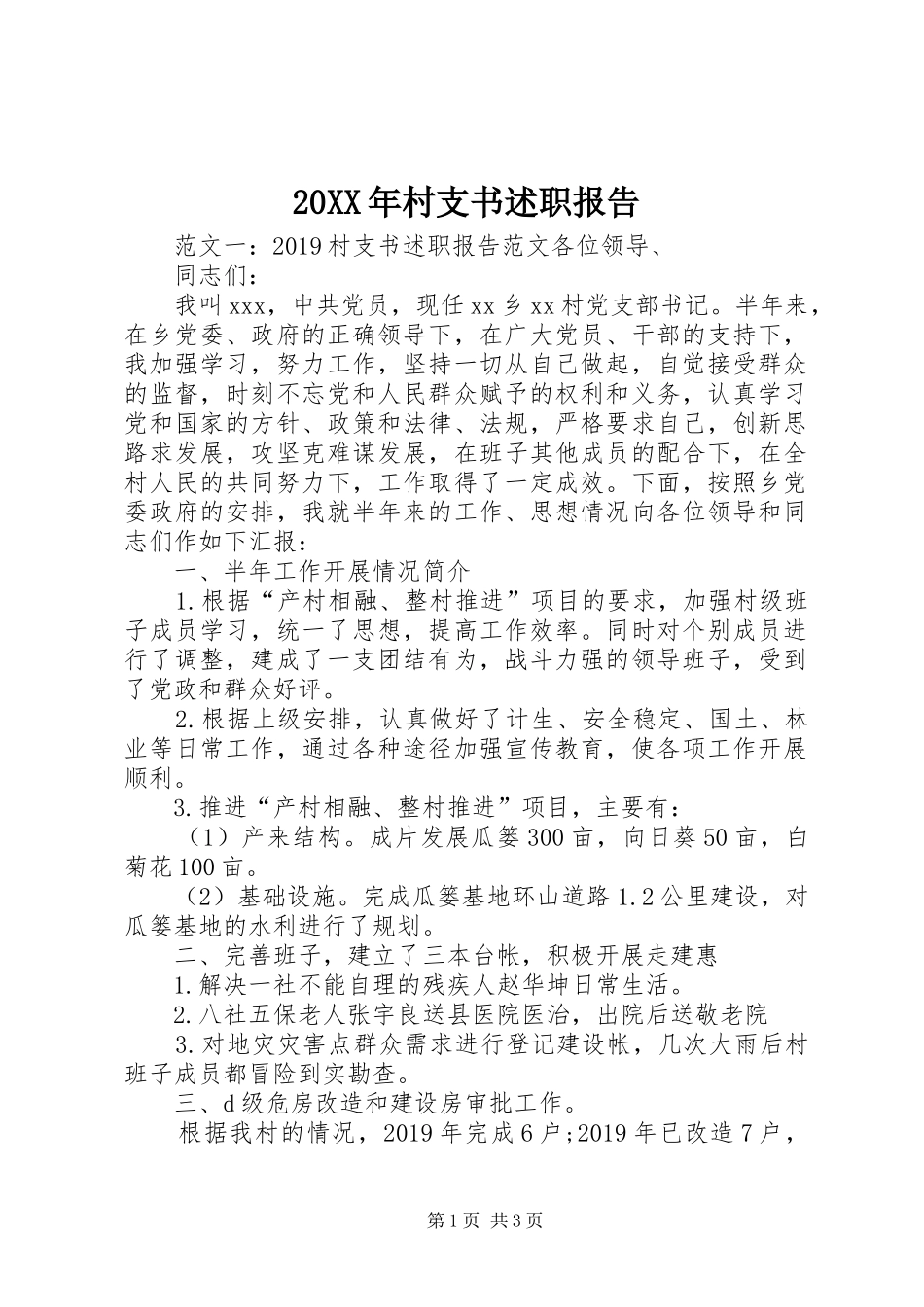 20XX年村支书述职报告_第1页