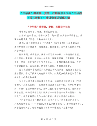 “中华魂”演讲稿：梦想-在勤奋中长大与“中华魂”演讲比赛讲话稿汇编