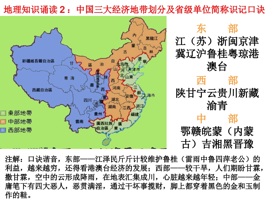 地理知识诵读2：中国三大经济地带划分及省级单位简称识记口诀_第1页