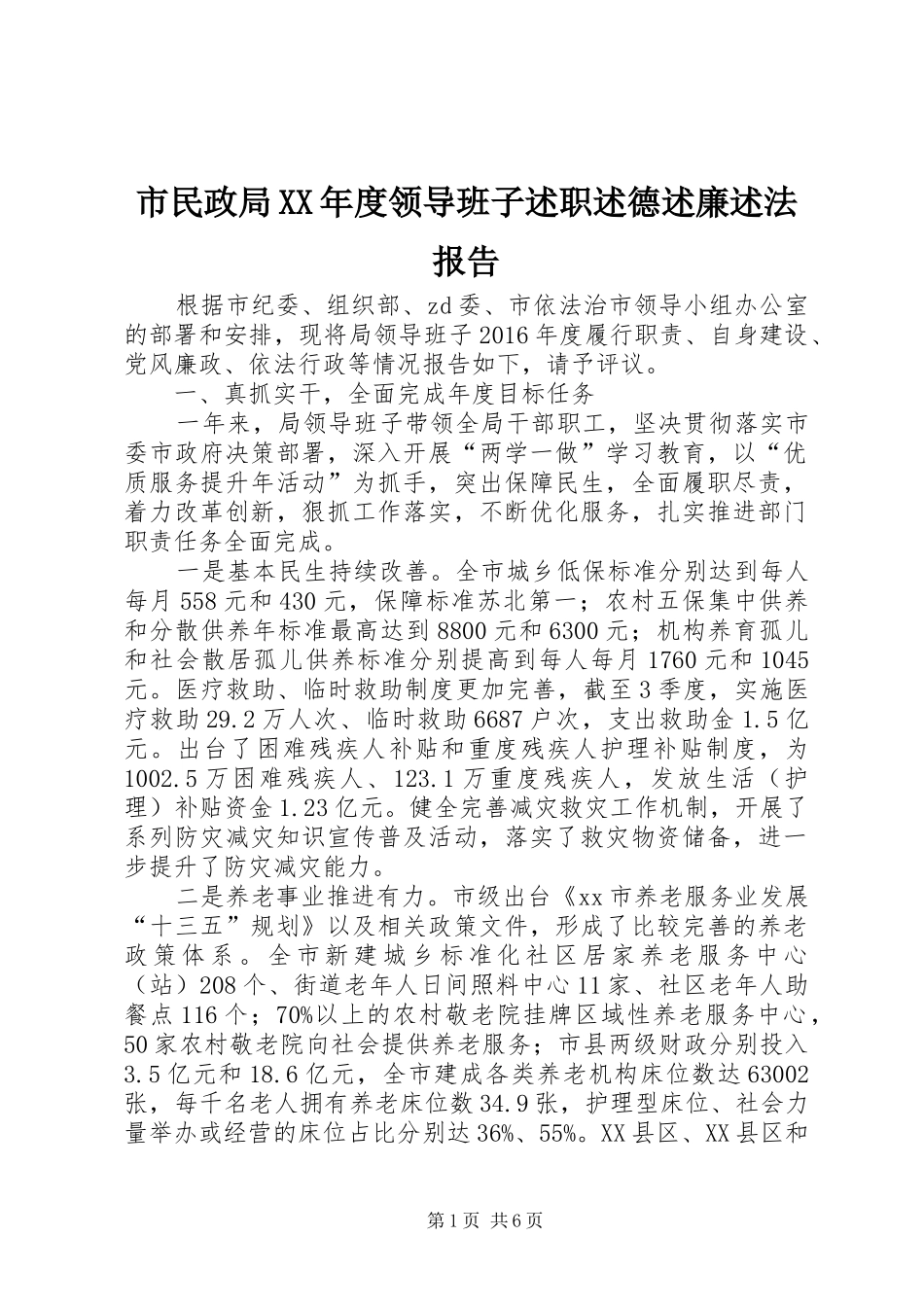 市民政局XX年度领导班子述职述德述廉述法报告_第1页