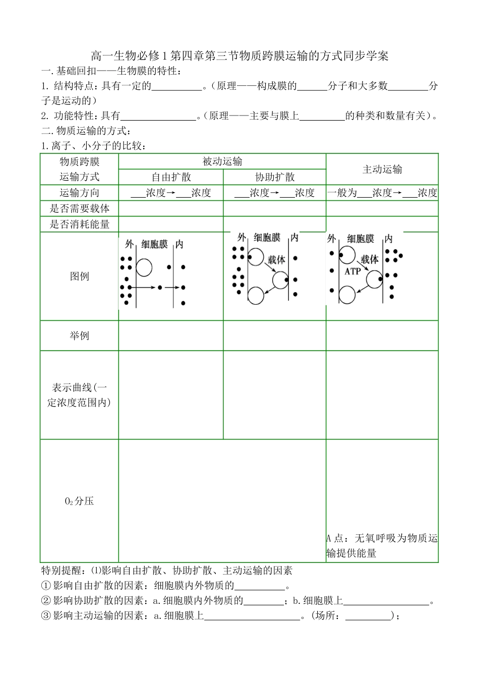 高一生物必修1第四章第三节物质跨膜运输的方式同步学案_第1页