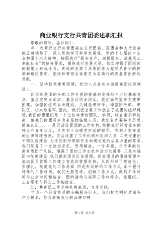 商业银行支行共青团委述职汇报