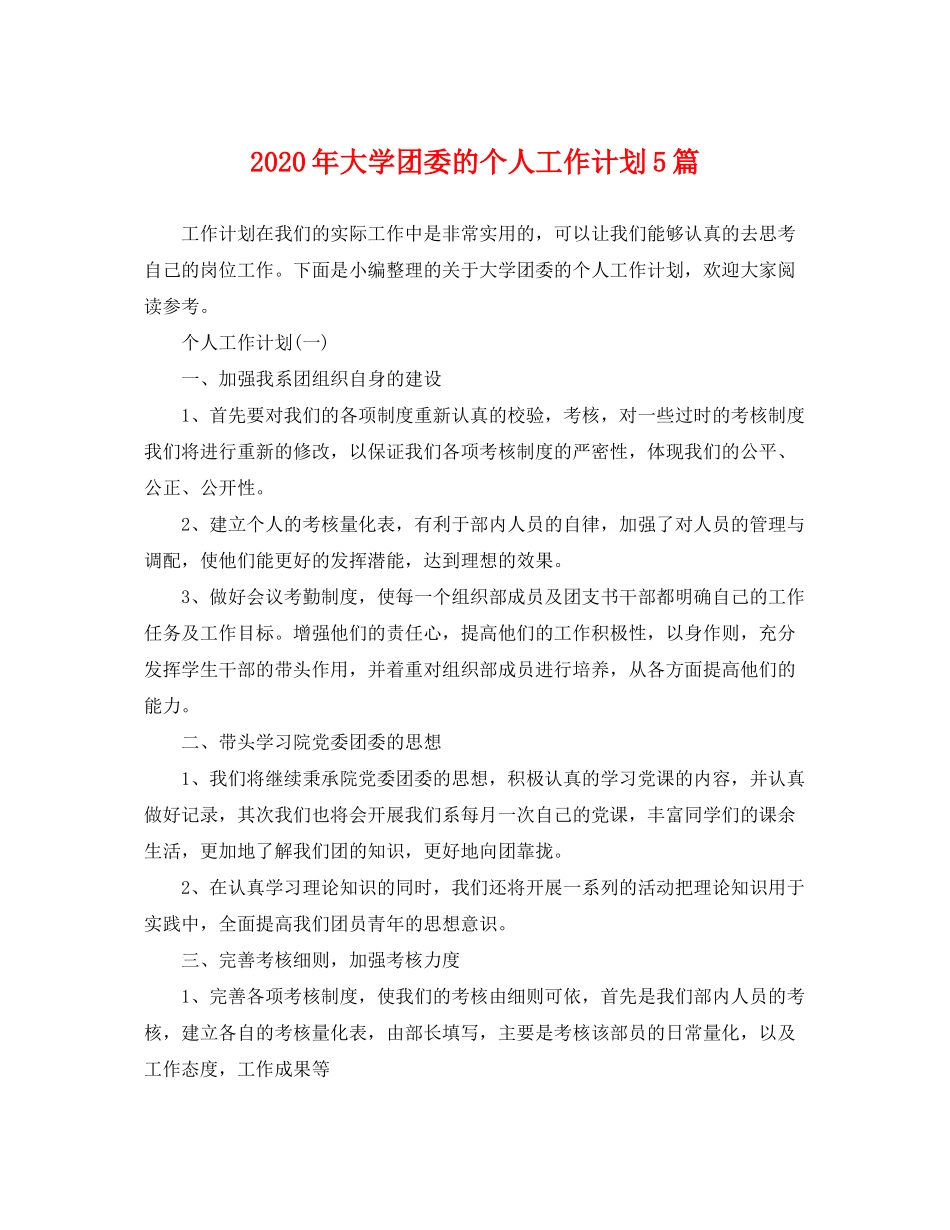2020年大学团委的个人工作计划5篇_第1页