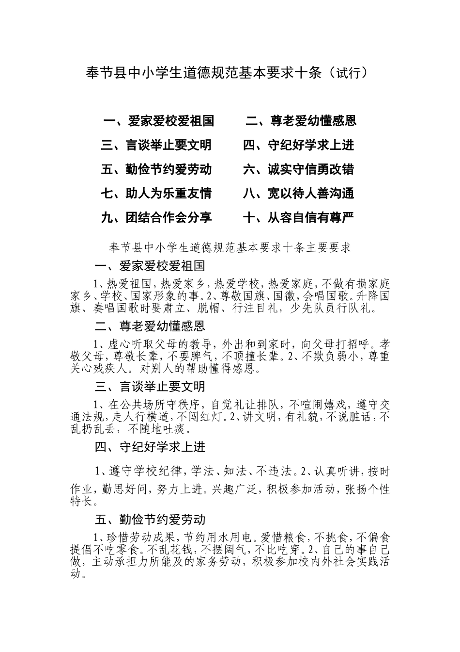 奉节县中小学生道德规范基本要求十条_第1页