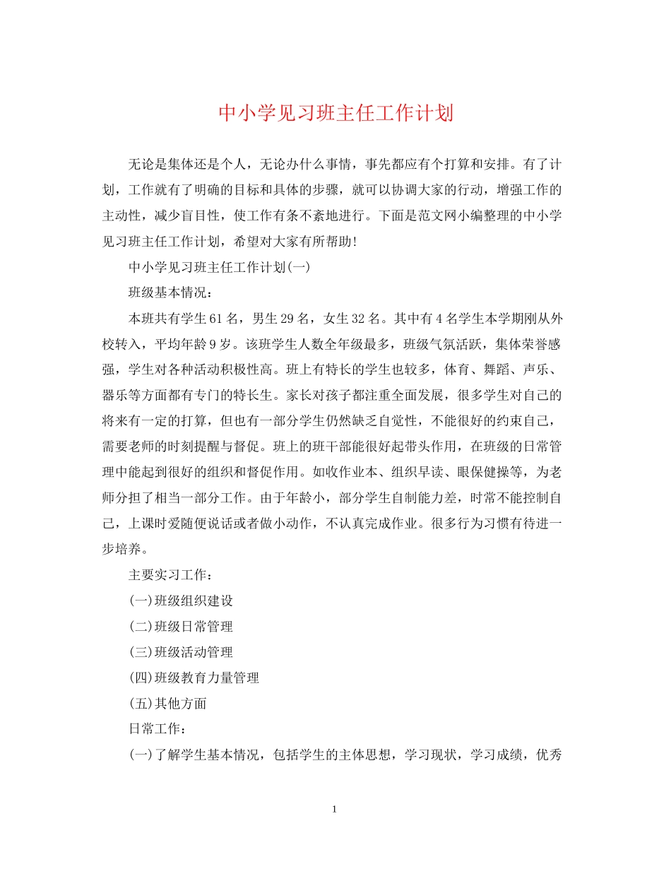 中小学见习班主任工作计划_第1页